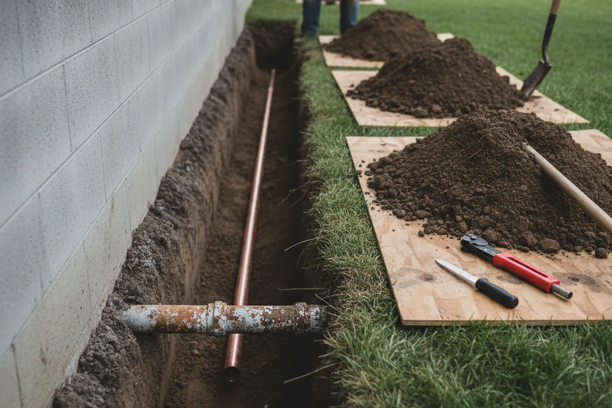 Excavated water line trench during Water Softener Installation in Muldrow